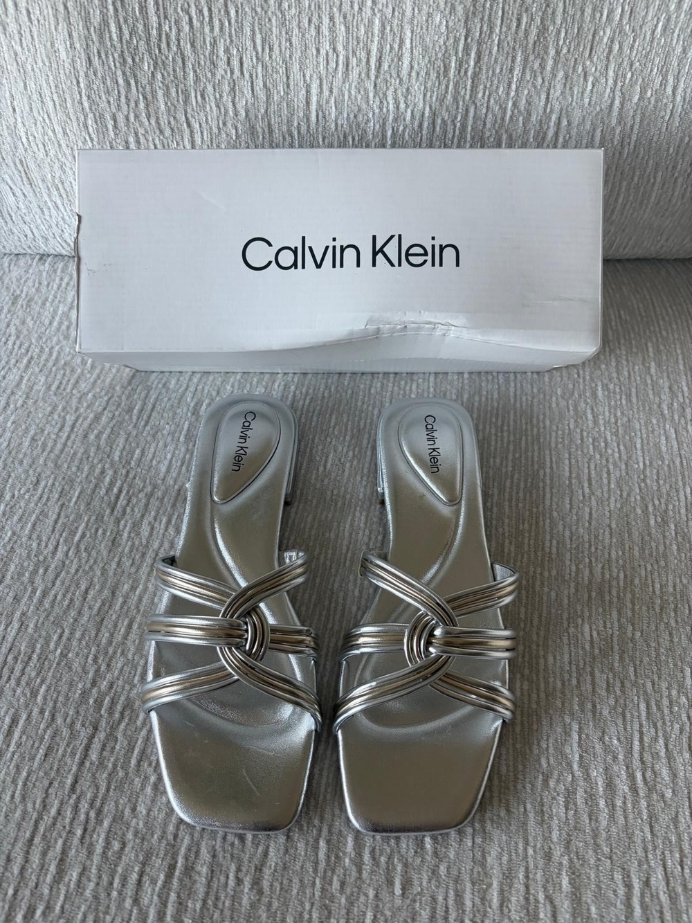 Calvin Klein Tianela Metallic Silver Knot Strappy Heels